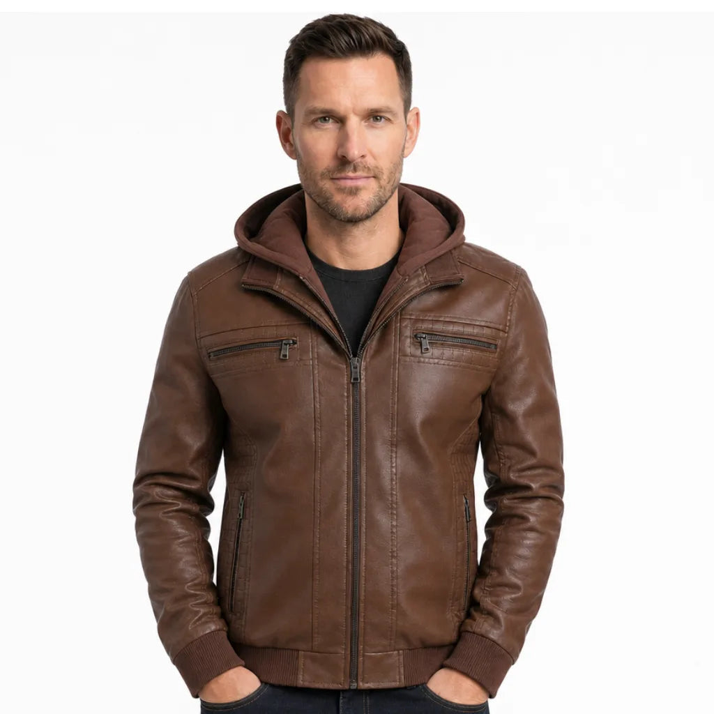 Men's Zip Front Jacket with Twin Horizontal Chest Zips - Brown