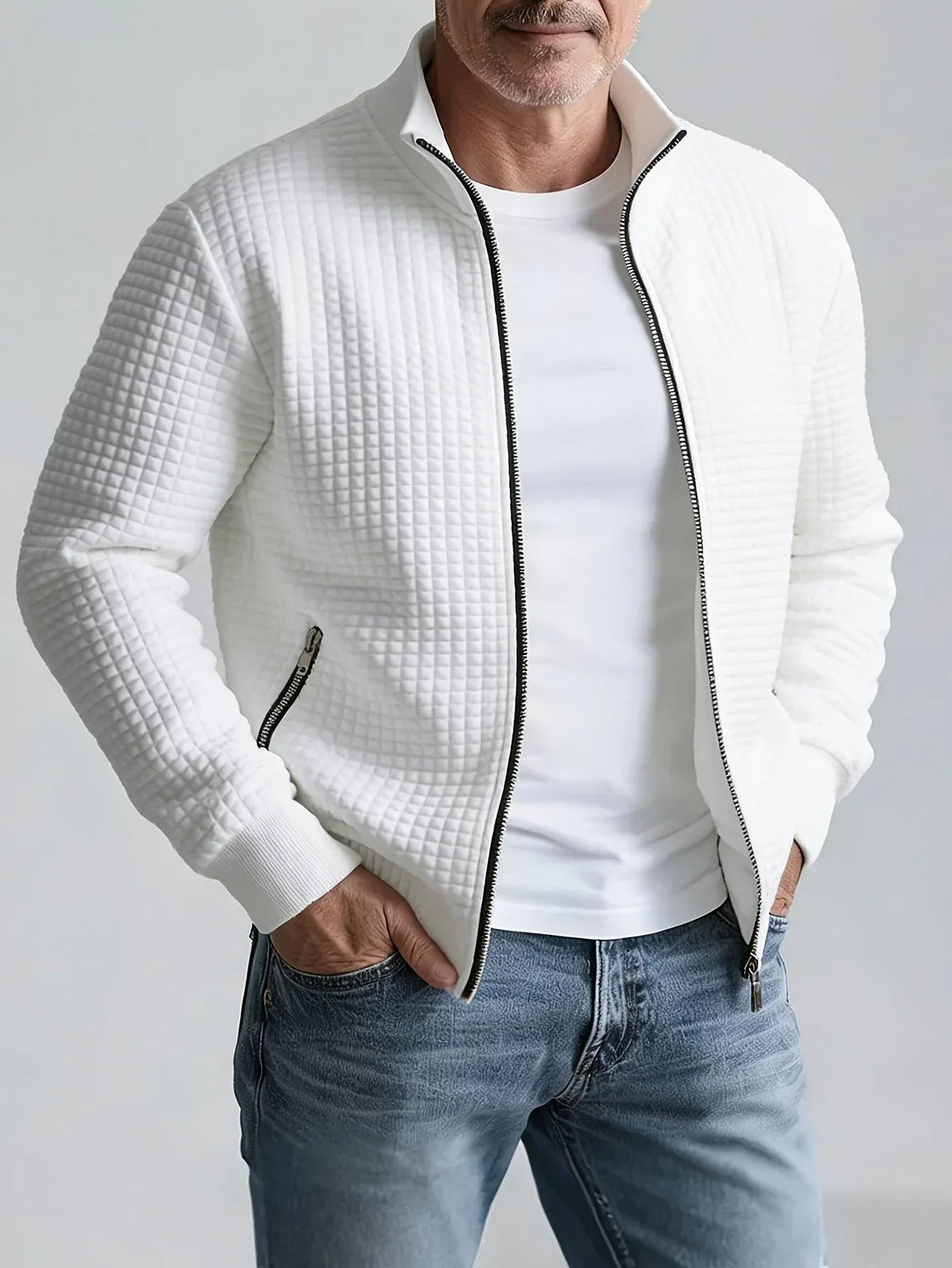 Men's Zip Front Stand Collar Jacket with Grid Detail - White