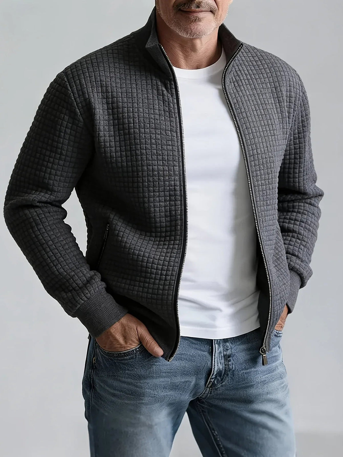 Men's Zip Front Stand Collar Jacket with Grid Detail - Dark Gray