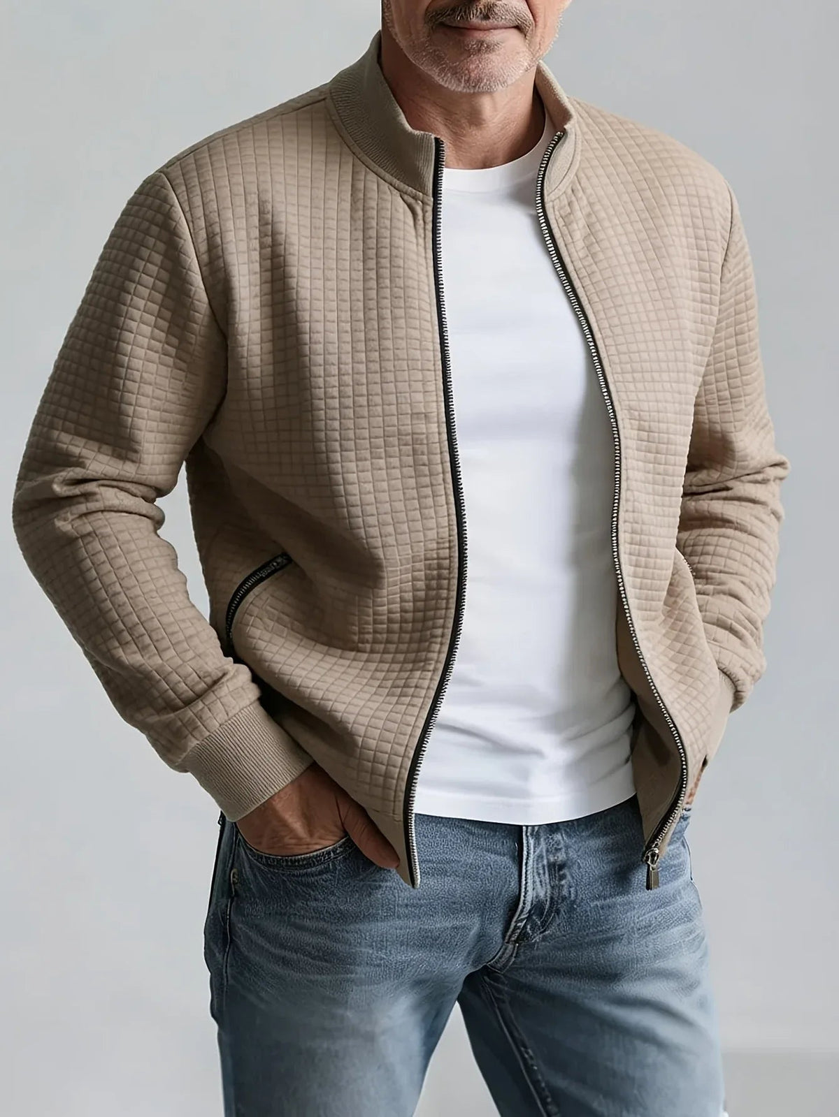 Men's Zip Front Stand Collar Jacket with Grid Detail - Beige