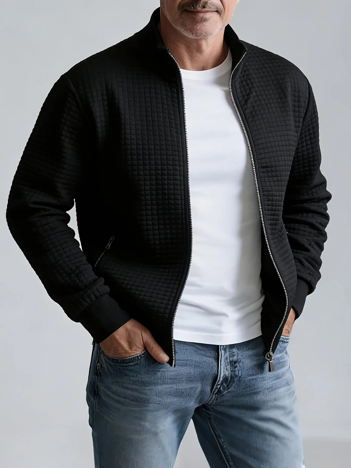 Men's Zip Front Stand Collar Jacket with Grid Detail - Black