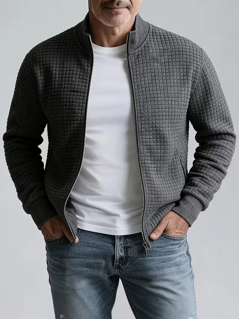 Men's Zip Front Stand Collar Jacket with Grid Detail - Dark Gray