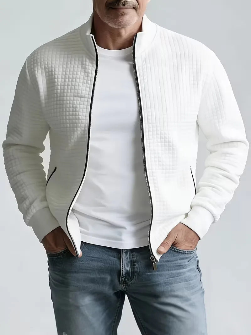 Men's Zip Front Stand Collar Jacket with Grid Detail - White