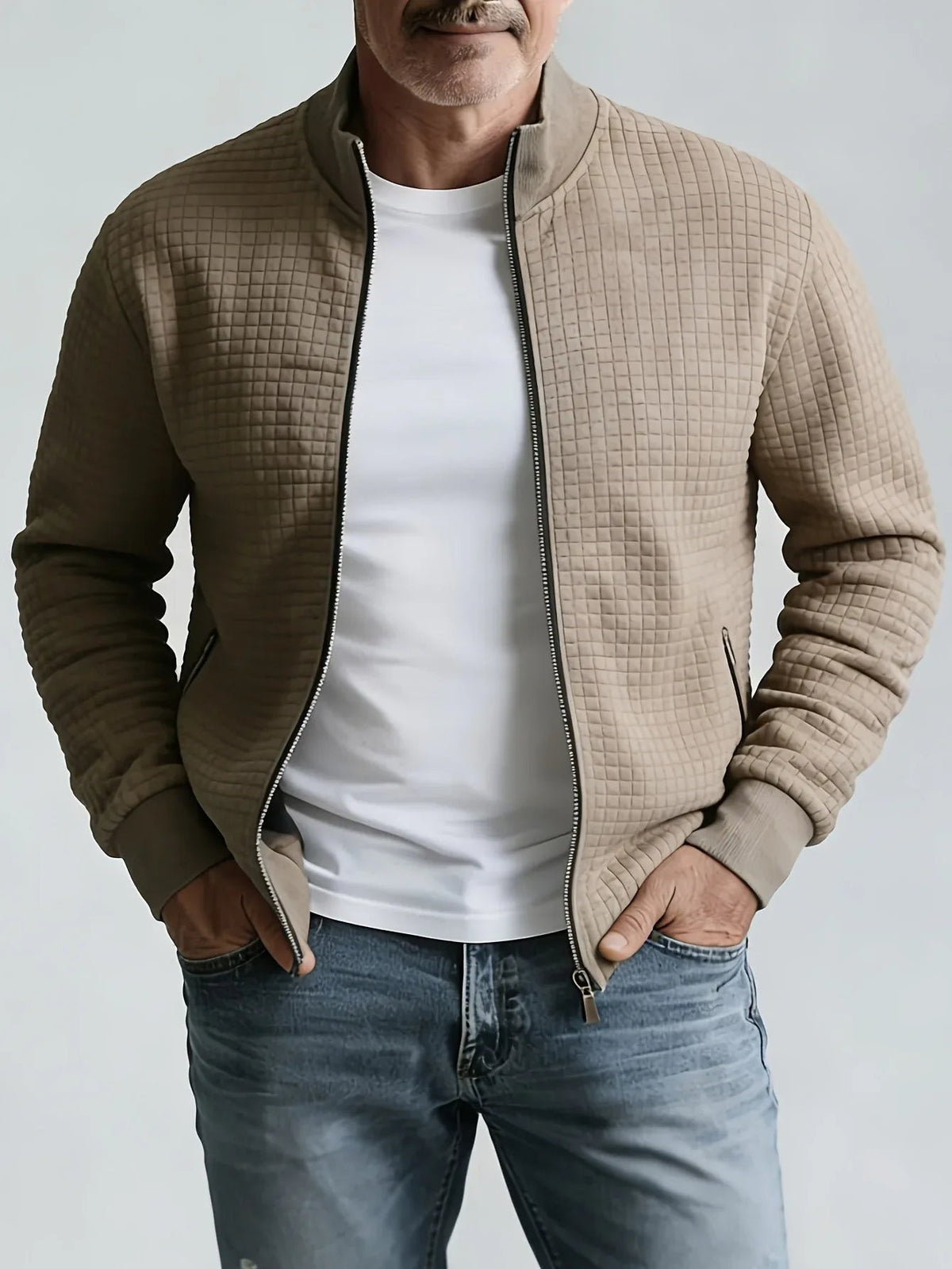 Men's Zip Front Stand Collar Jacket with Grid Detail - Beige