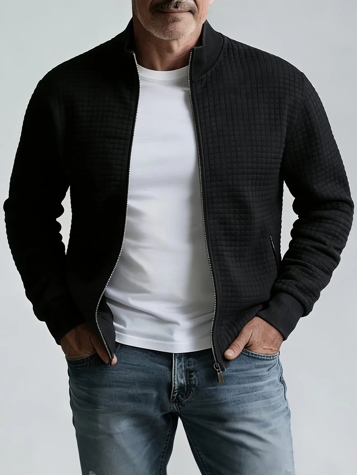 Men's Zip Front Stand Collar Jacket with Grid Detail - Black