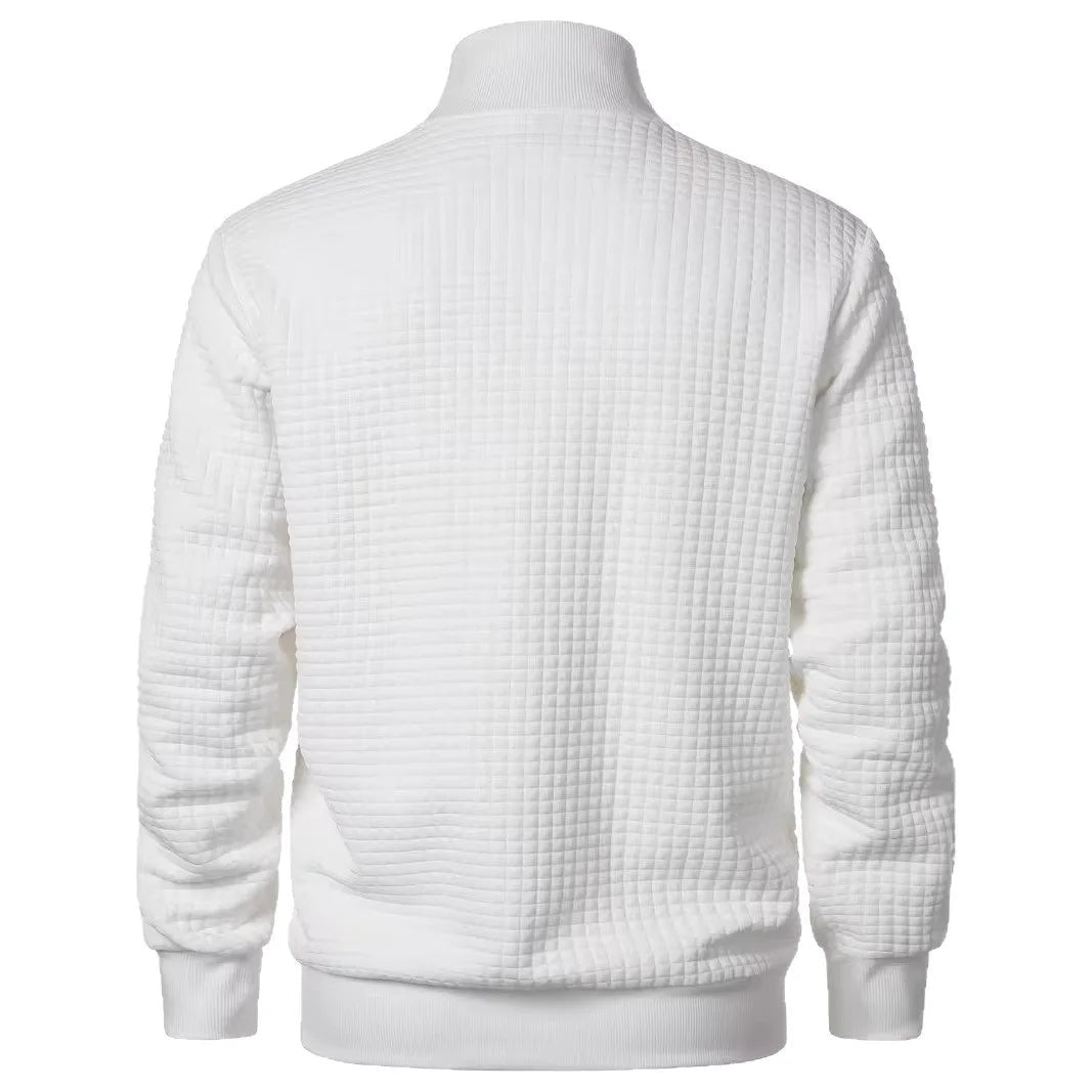 Men's Zip Front Stand Collar Jacket with Grid Detail - White