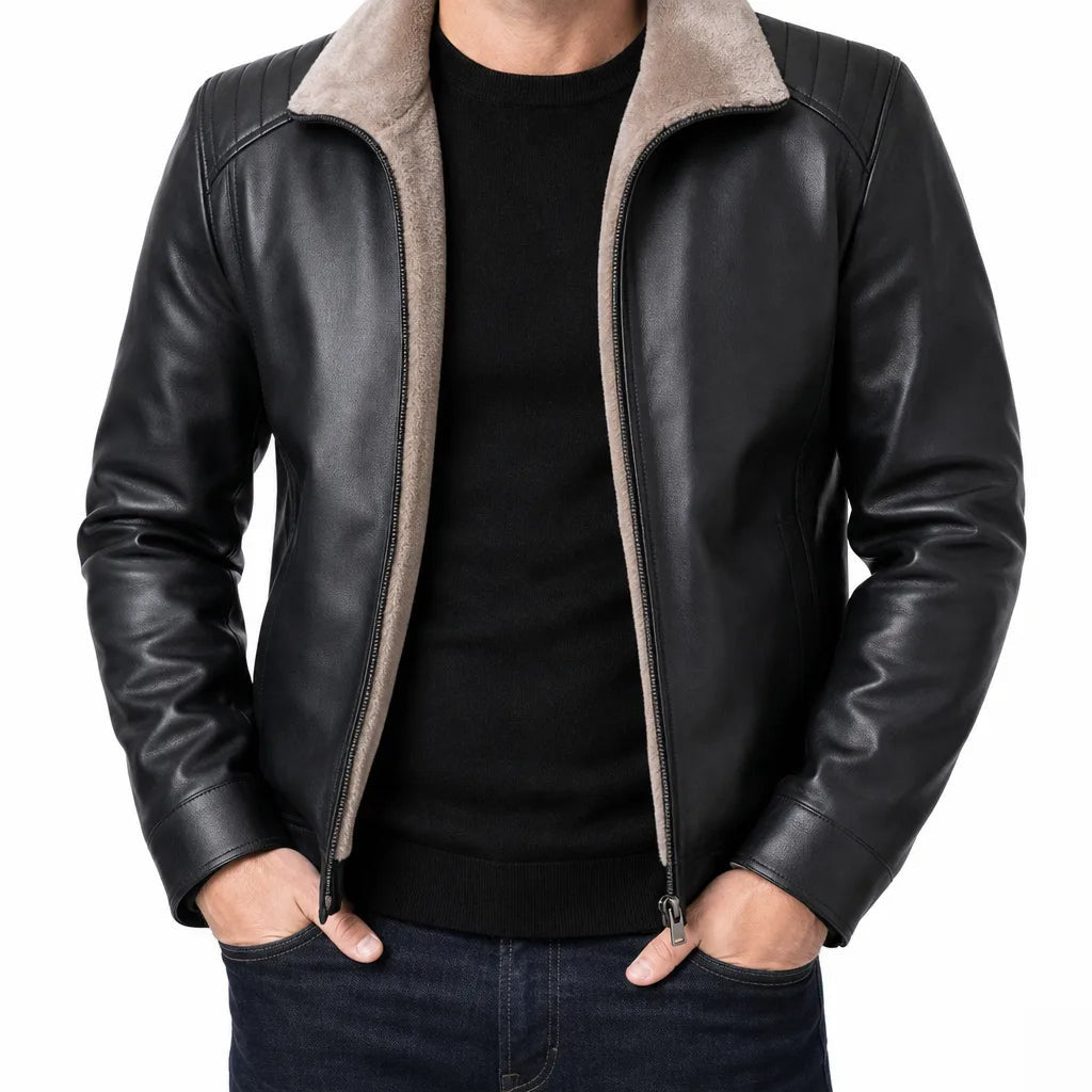 Men's Zip Jacket with Broad Contrast Foldover Collar - Black