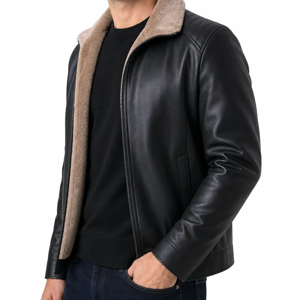 Men's Zip Jacket with Broad Contrast Foldover Collar - Black