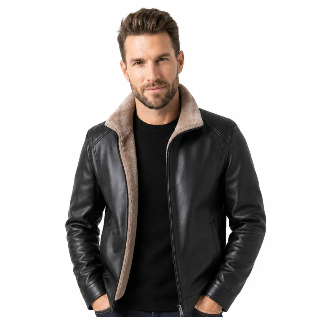 Men's Zip Jacket with Broad Contrast Foldover Collar - Black
