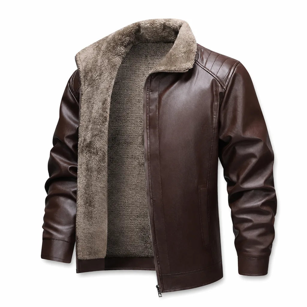 Men's Zip Jacket with Broad Contrast Foldover Collar - Brown