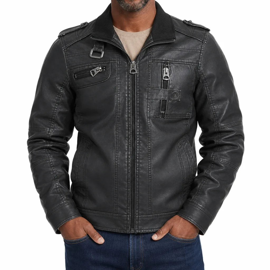 Men's Zip Jacket with Buckled Collar and Chest Zips - Black
