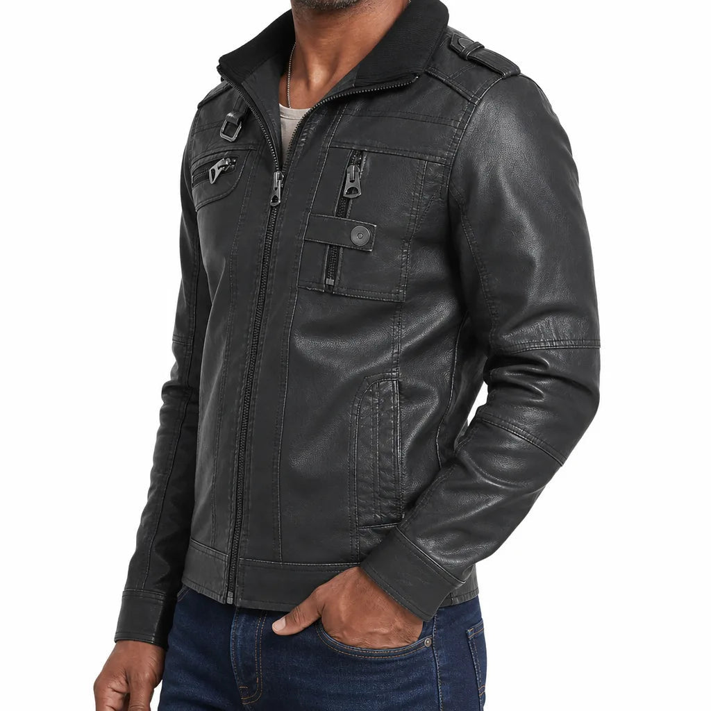 Men's Zip Jacket with Buckled Collar and Chest Zips - Black