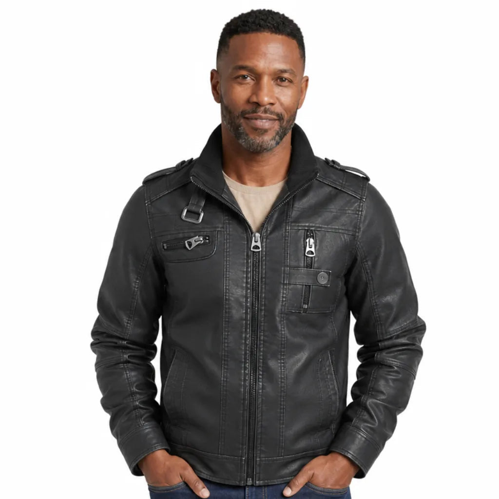 Men's Zip Jacket with Buckled Collar and Chest Zips - Black