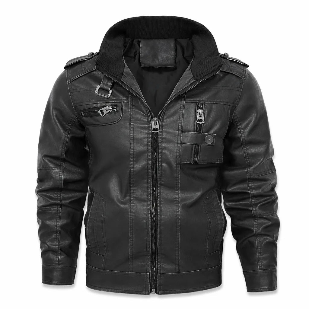 Men's Zip Jacket with Buckled Collar and Chest Zips - Black