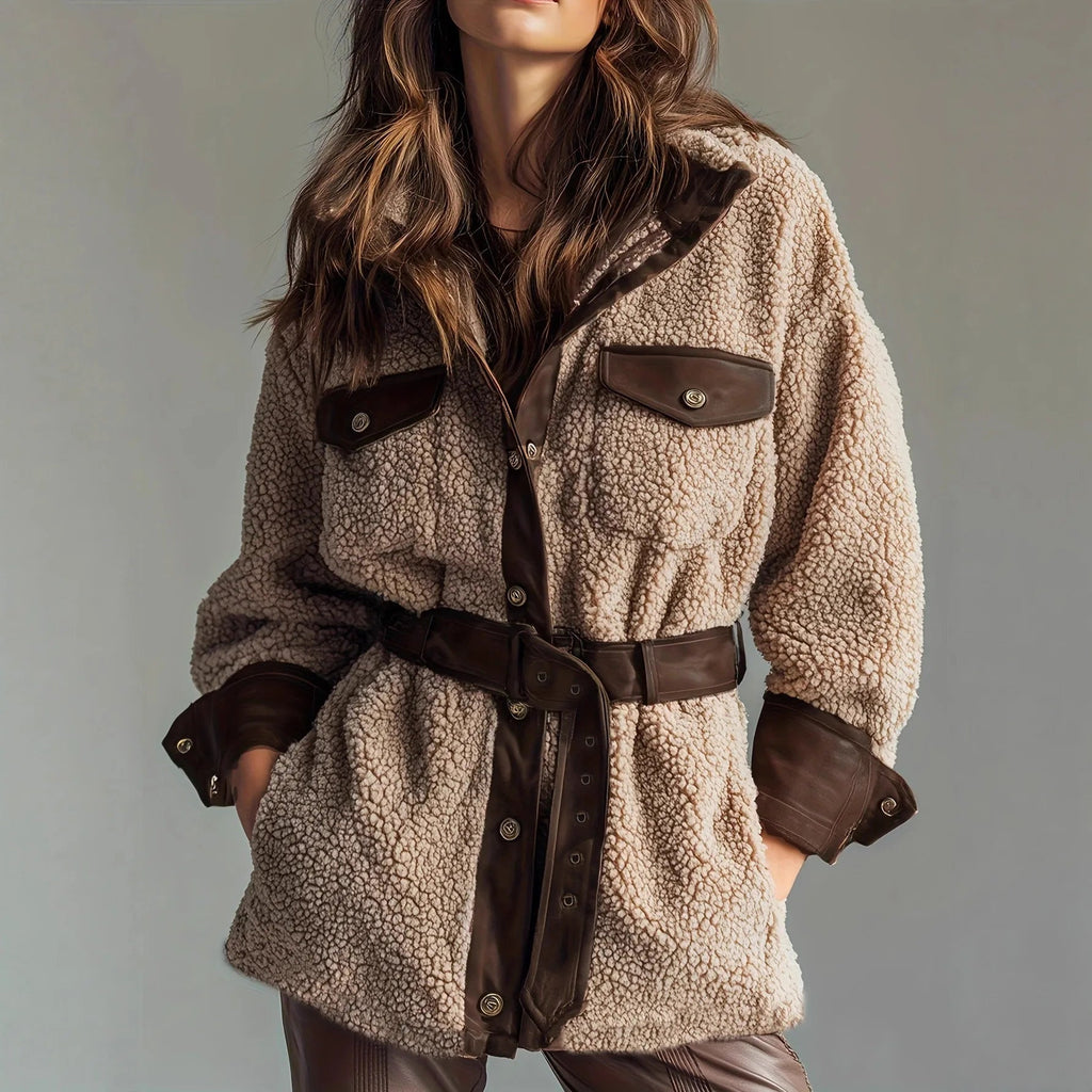 Women's Belted Button Jacket with Contrast Pocket Flaps - Brown