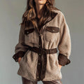 Women's Belted Button Jacket with Contrast Pocket Flaps - Brown