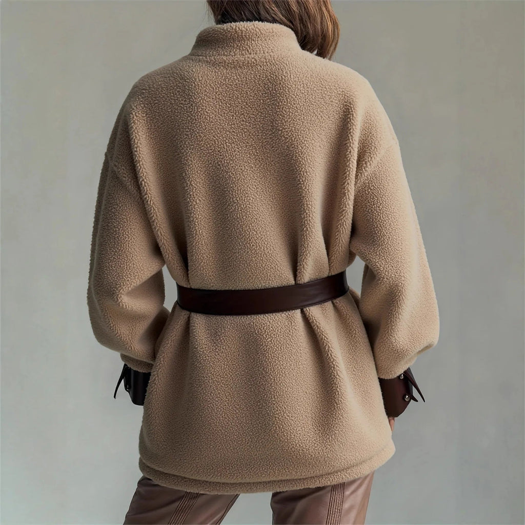Women's Belted Button Jacket with Contrast Pocket Flaps - Brown