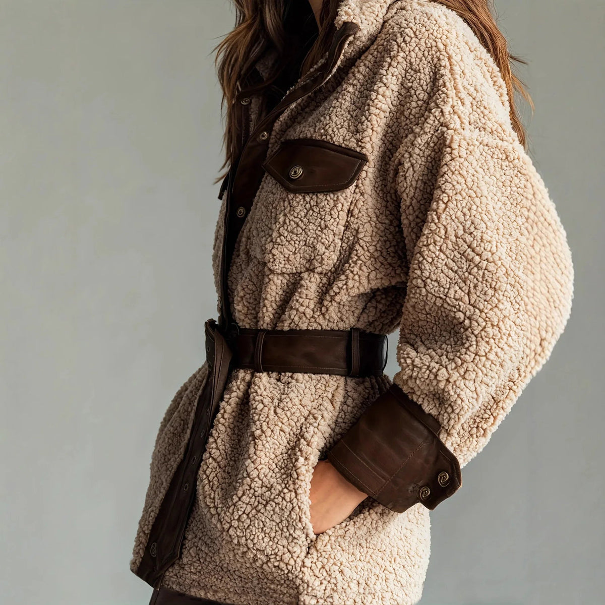 Women's Belted Button Jacket with Contrast Pocket Flaps - Brown