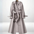 Women's Belted Long Coat with Cuff Buckle Detail - Beige