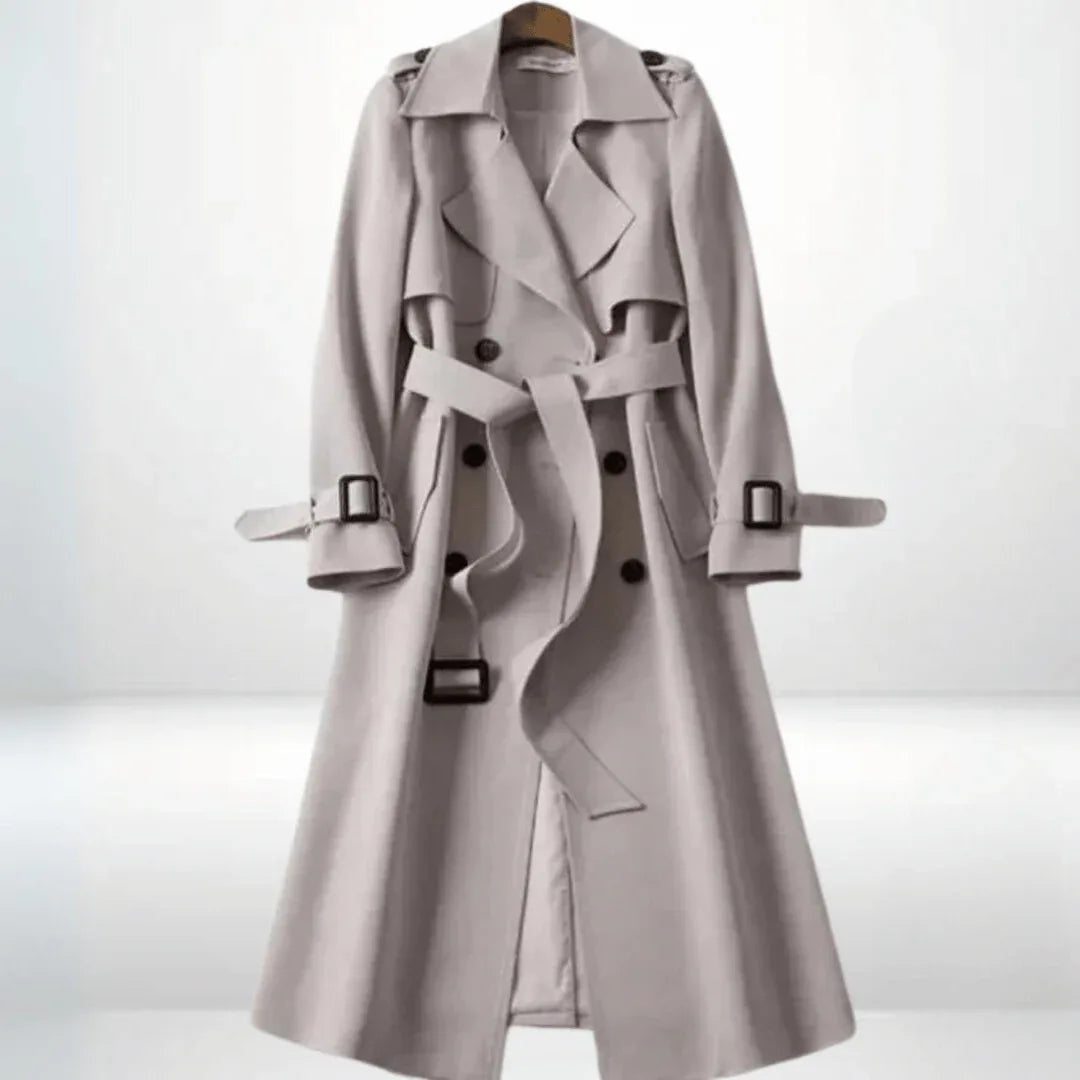 Women's Belted Long Coat with Cuff Buckle Detail - Beige