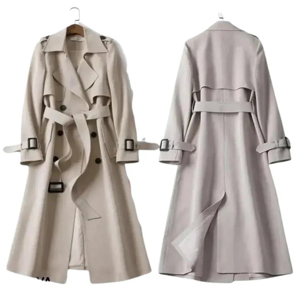 Women's Belted Long Coat with Cuff Buckle Detail - Beige
