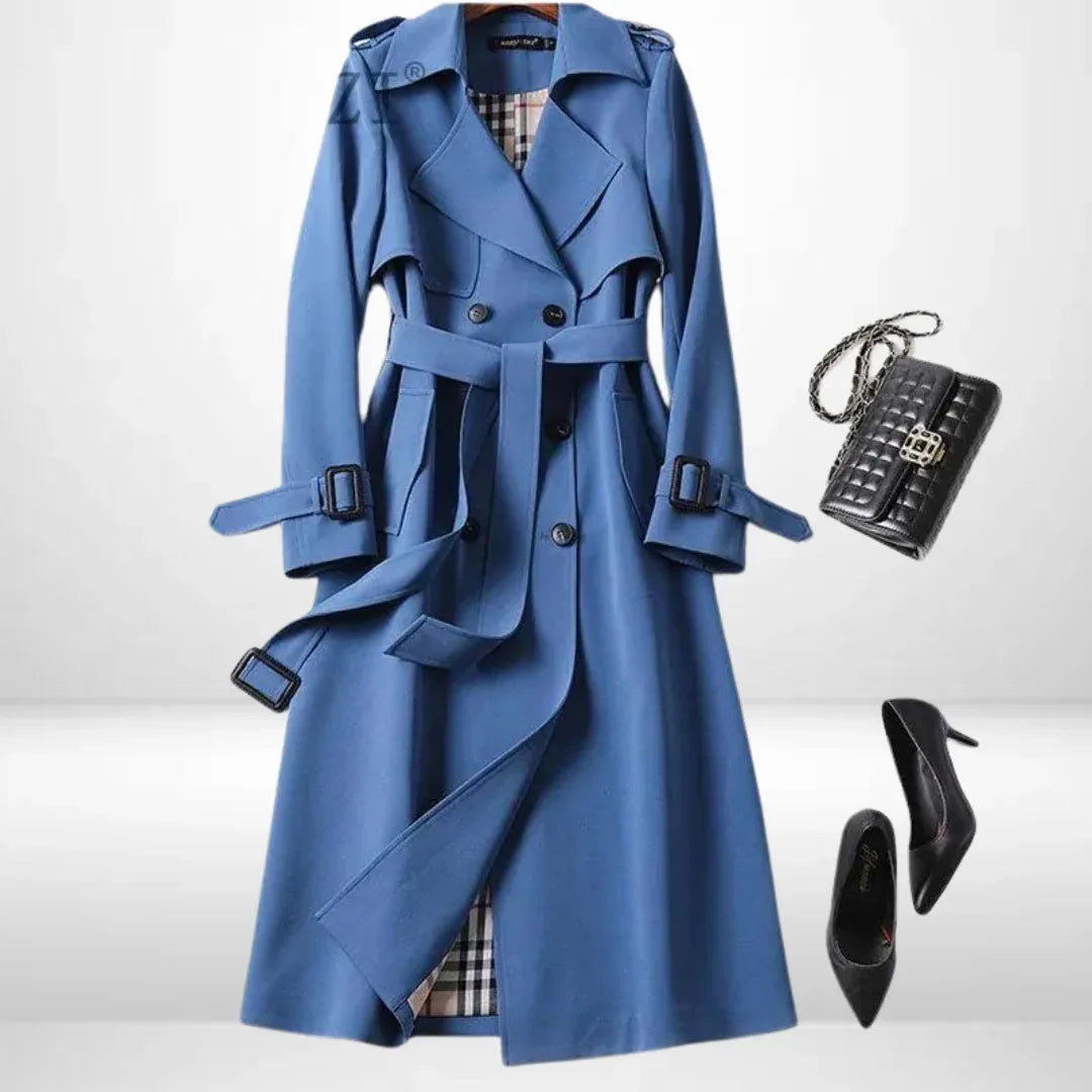 Women's Belted Long Coat with Cuff Buckle Detail - Blue