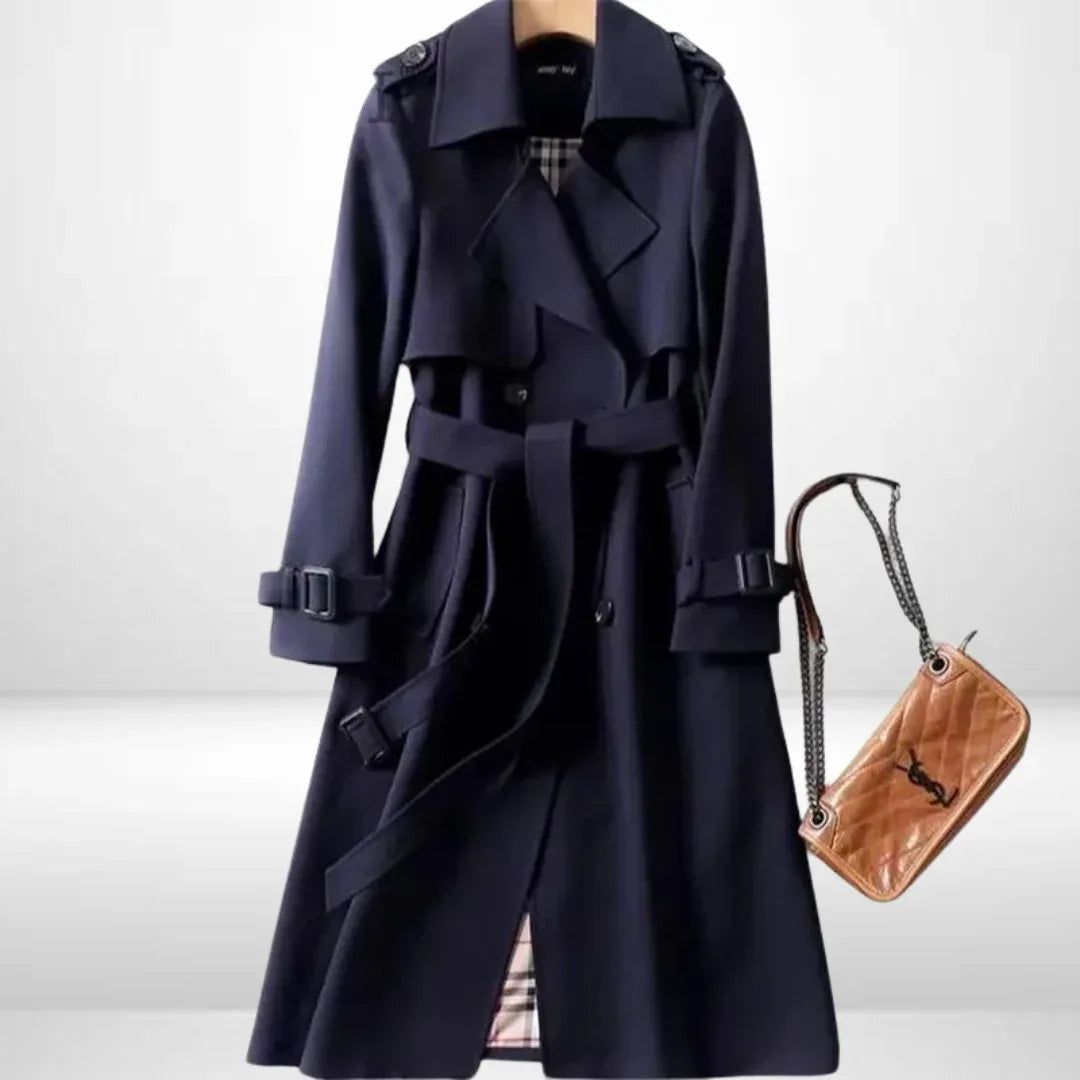 Women's Belted Long Coat with Cuff Buckle Detail - Navy Blue