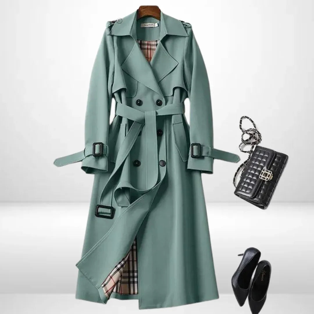 Women's Belted Long Coat with Cuff Buckle Detail - Green