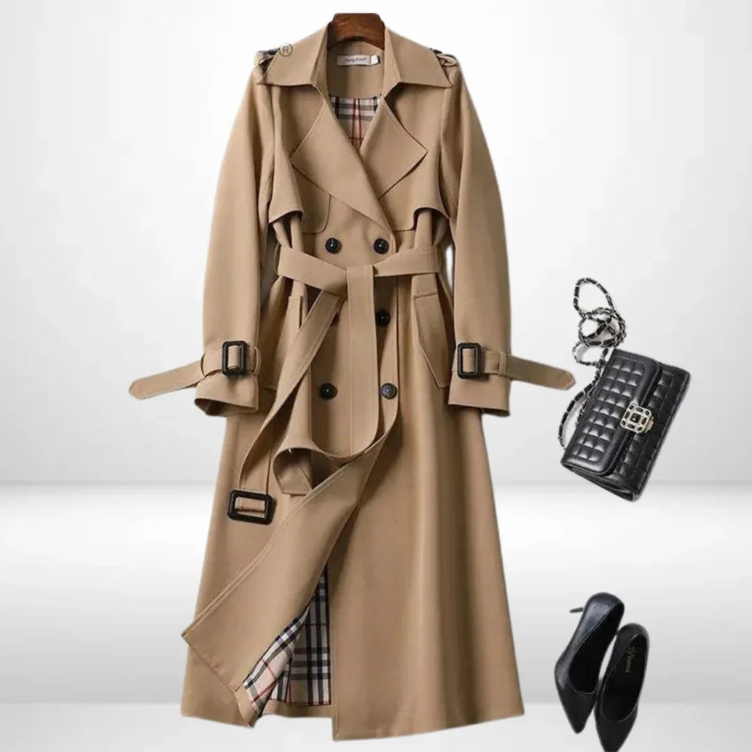 Women's Belted Long Coat with Cuff Buckle Detail - Khaki