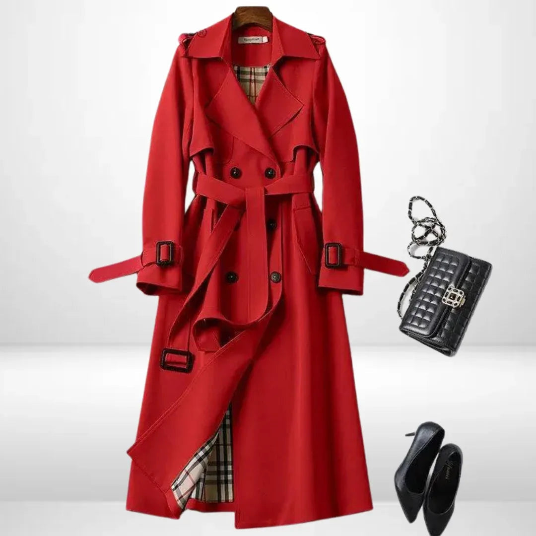 Women's Belted Long Coat with Cuff Buckle Detail - Red