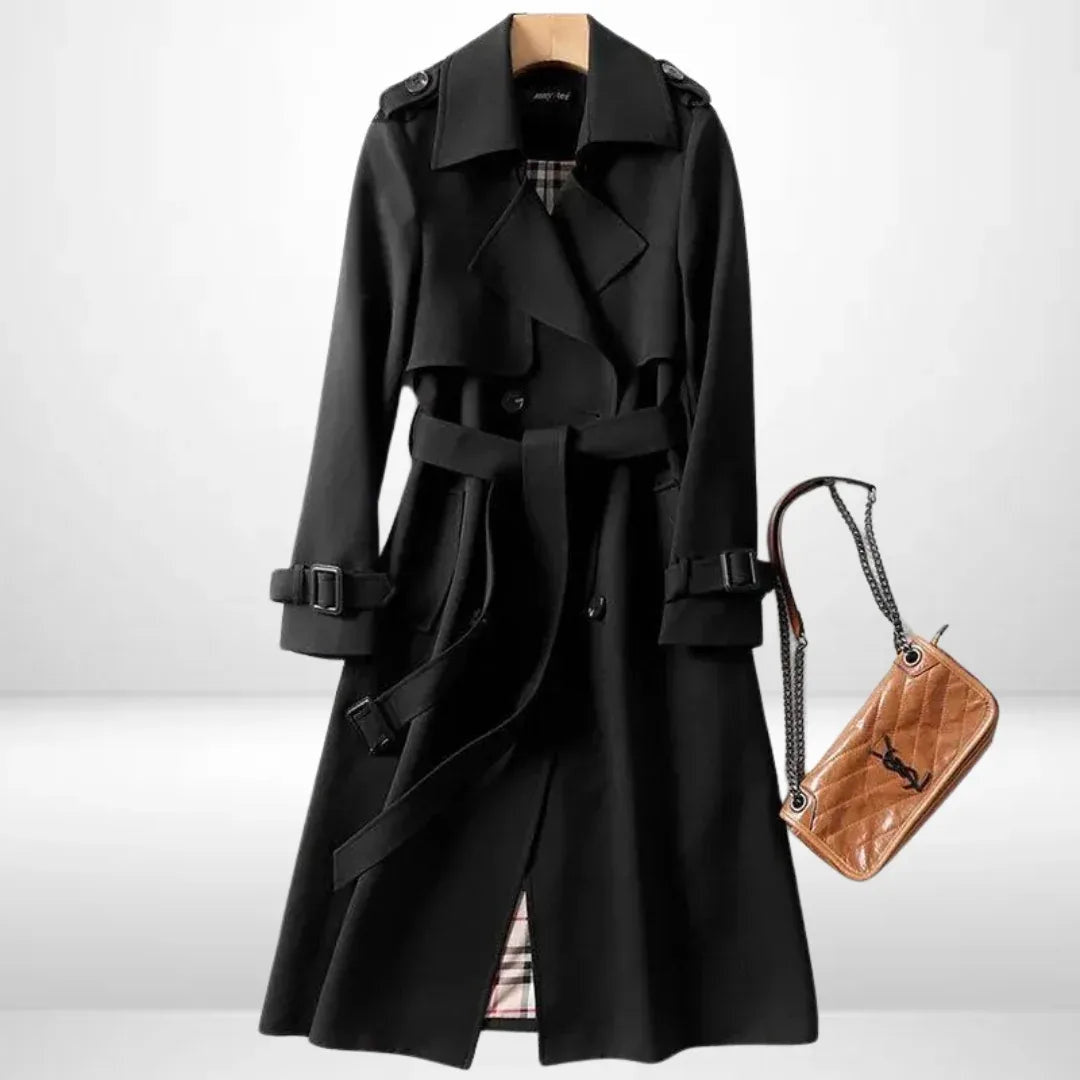 Women's Belted Long Coat with Cuff Buckle Detail - Black