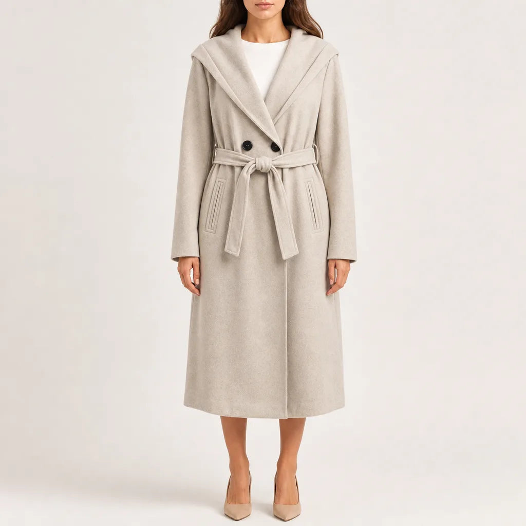 Women's Belted Wrap Coat with Wide Shawl Collar - Beige