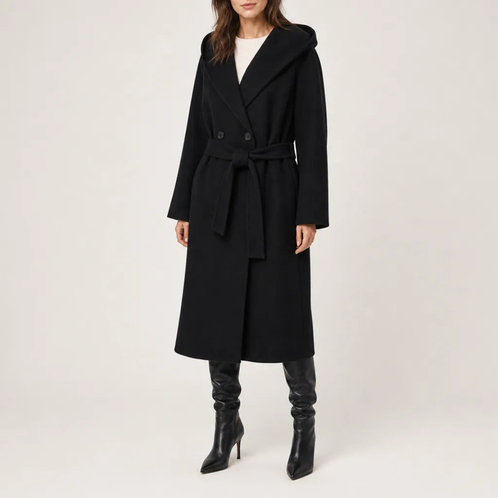 Women's Belted Wrap Coat with Wide Shawl Collar - Black