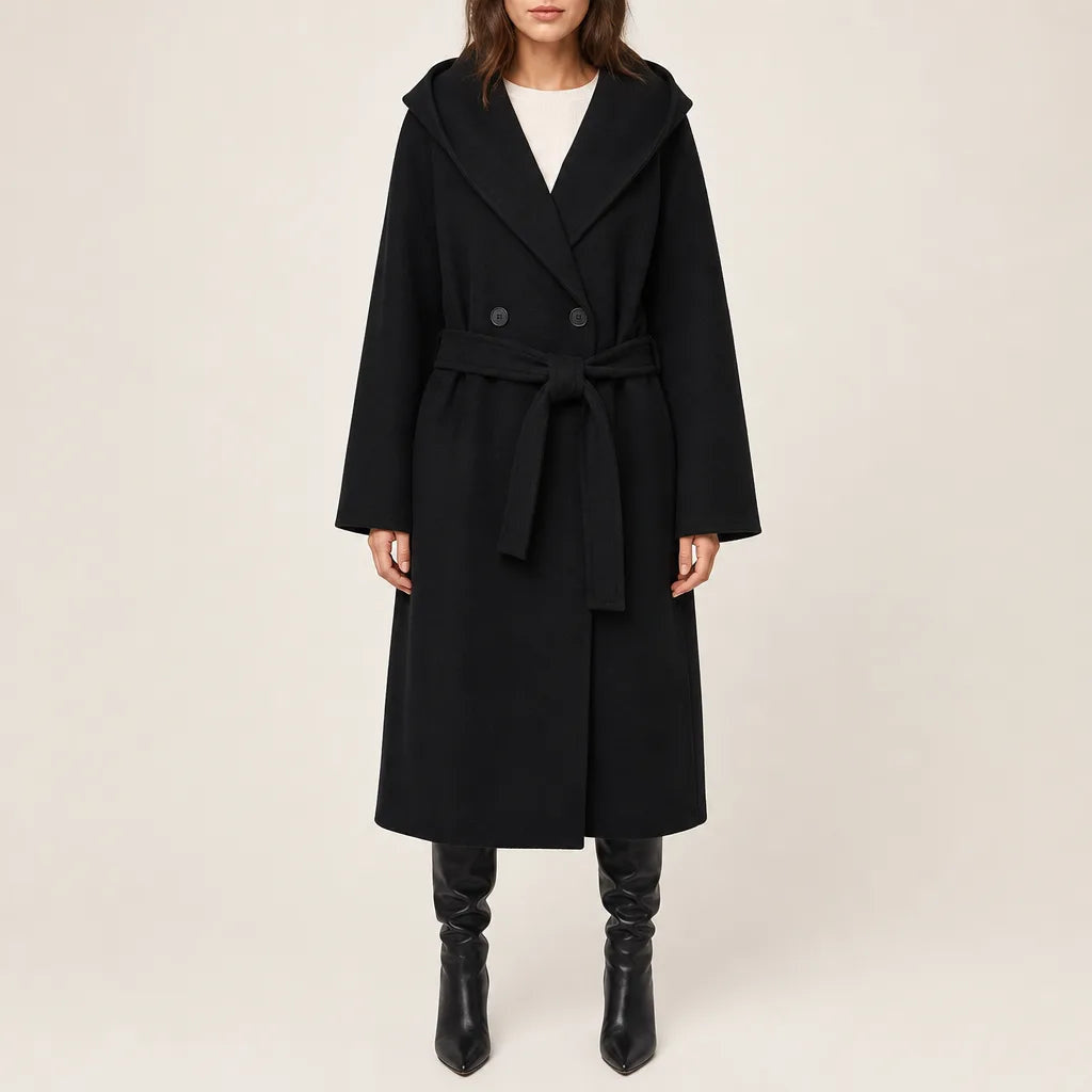 Women's Belted Wrap Coat with Wide Shawl Collar - Black