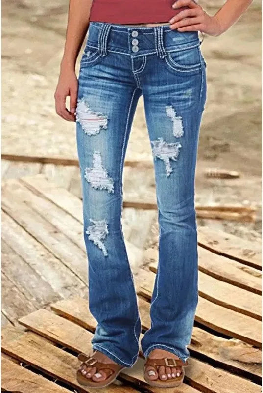 Women's Bootcut Jeans with Distressed Front Panels - Colorful Blue