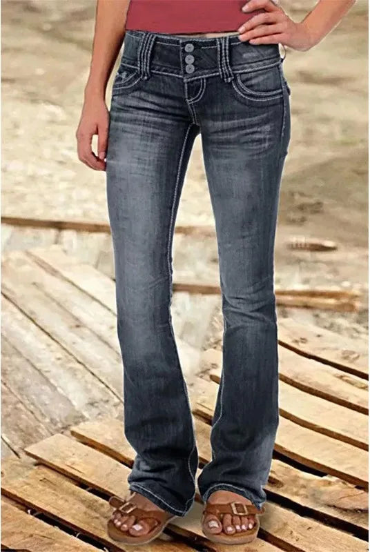Women's Bootcut Jeans with Distressed Front Panels - Black