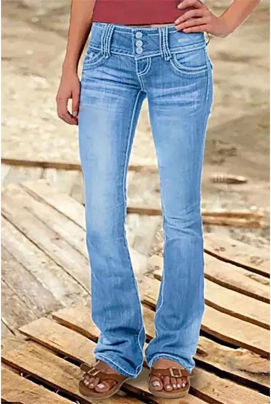 Women's Bootcut Jeans with Distressed Front Panels - Light Blue
