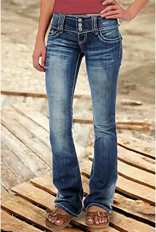 Women's Bootcut Jeans with Distressed Front Panels - Deep Blue