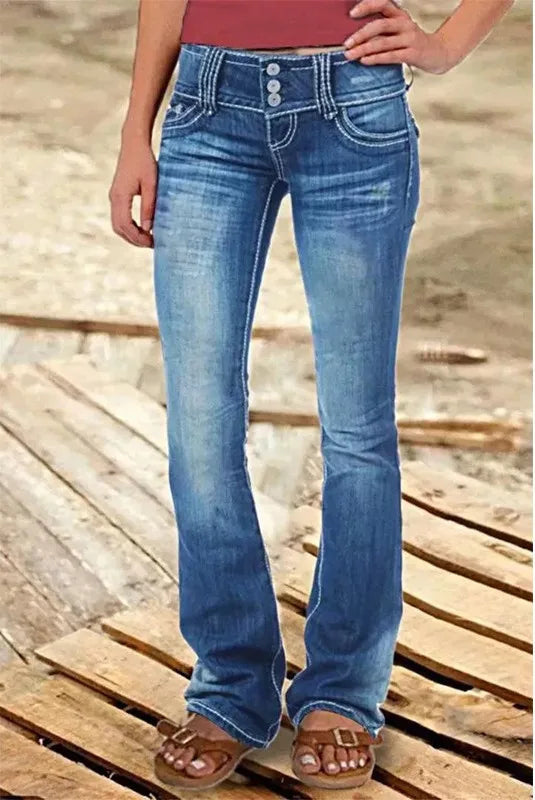 Women's Bootcut Jeans with Distressed Front Panels - Medium Blue