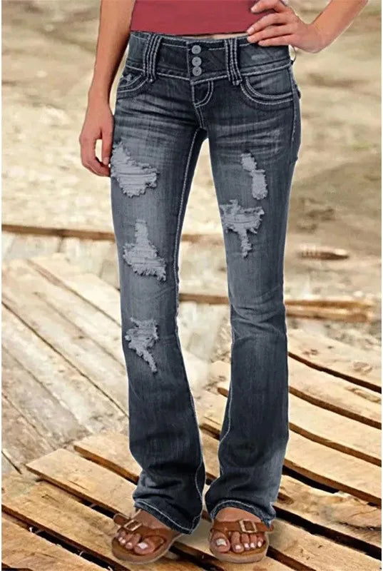 Women's Bootcut Jeans with Distressed Front Panels - White Black