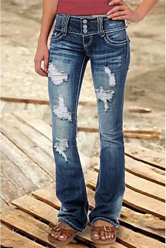 Women's Bootcut Jeans with Distressed Front Panels - Dark Blue