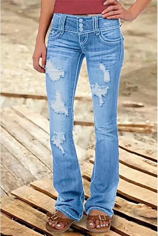 Women's Bootcut Jeans with Distressed Front Panels - Baby Blue