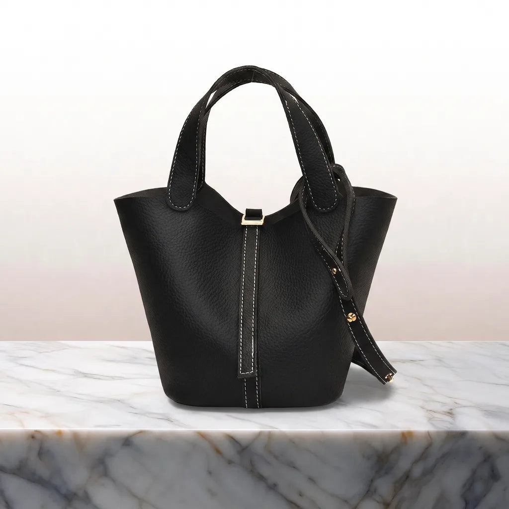 Women's Bucket Bag with Contrast Stitching and Top Handles - Black