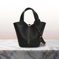 Women's Bucket Bag with Contrast Stitching and Top Handles - Black