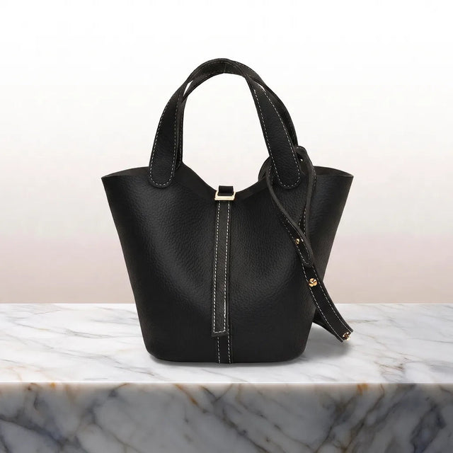 Women's Bucket Bag with Contrast Stitching and Top Handles - Black