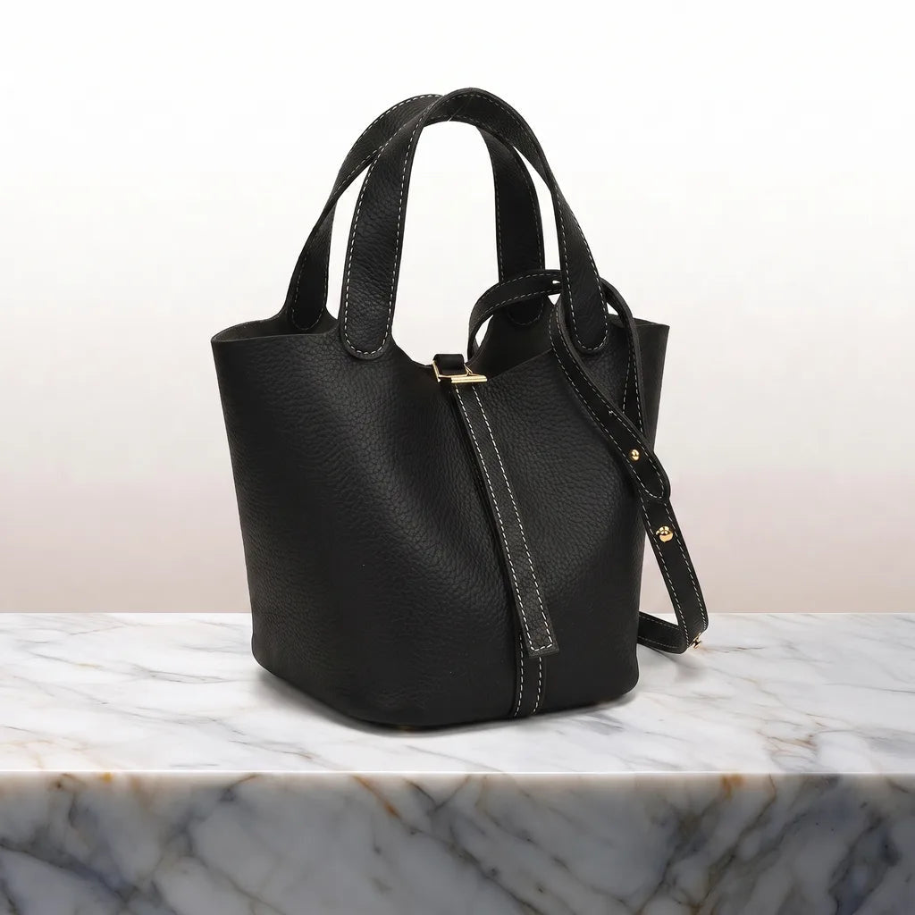 Women's Bucket Bag with Contrast Stitching and Top Handles - Black