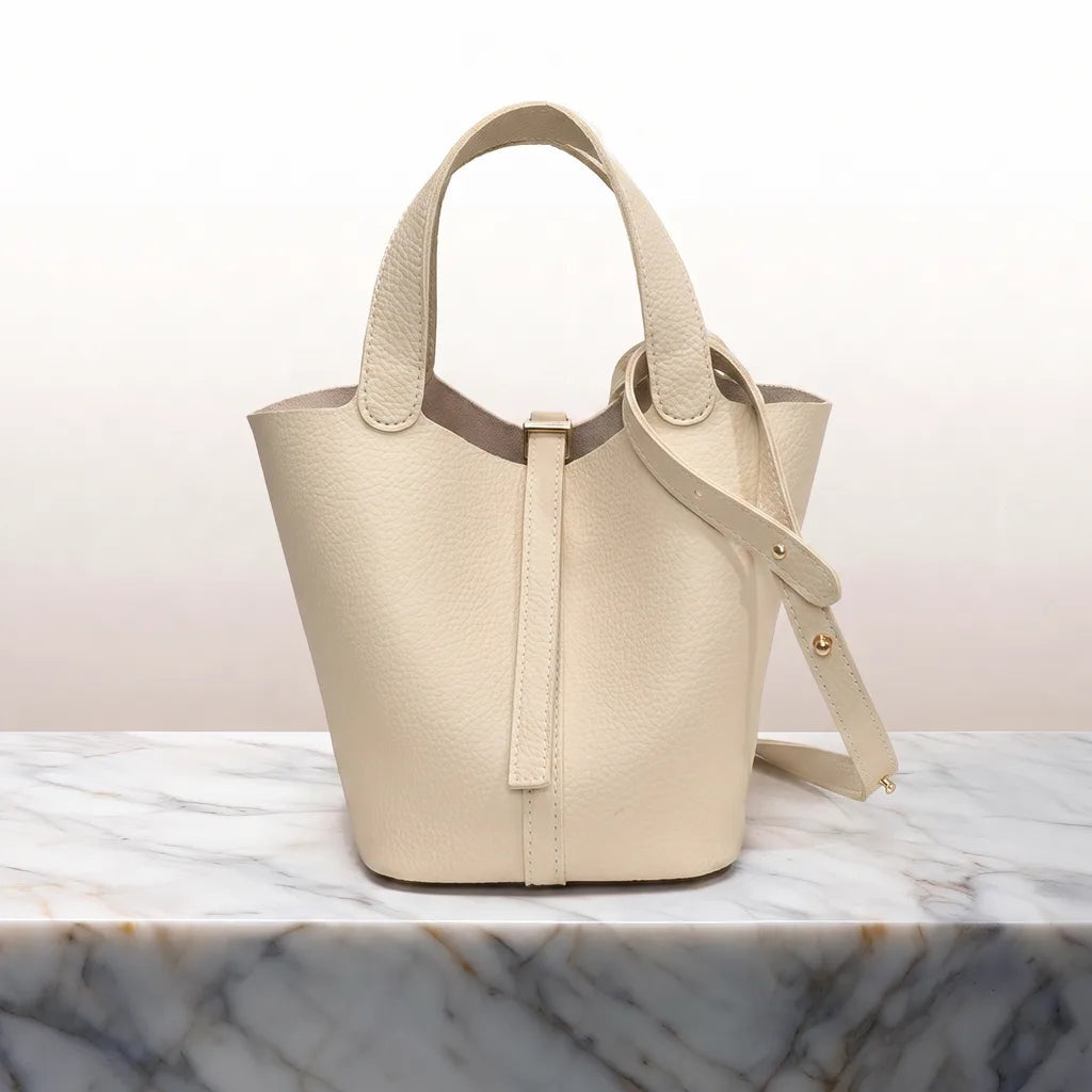 Women's Bucket Bag with Contrast Stitching and Top Handles - Beige
