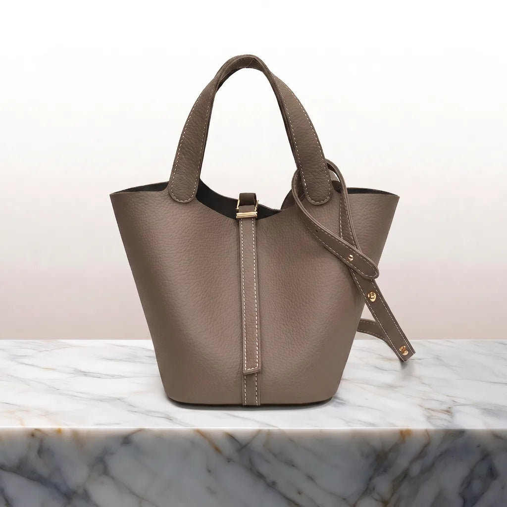 Women's Bucket Bag with Contrast Stitching and Top Handles - Brown