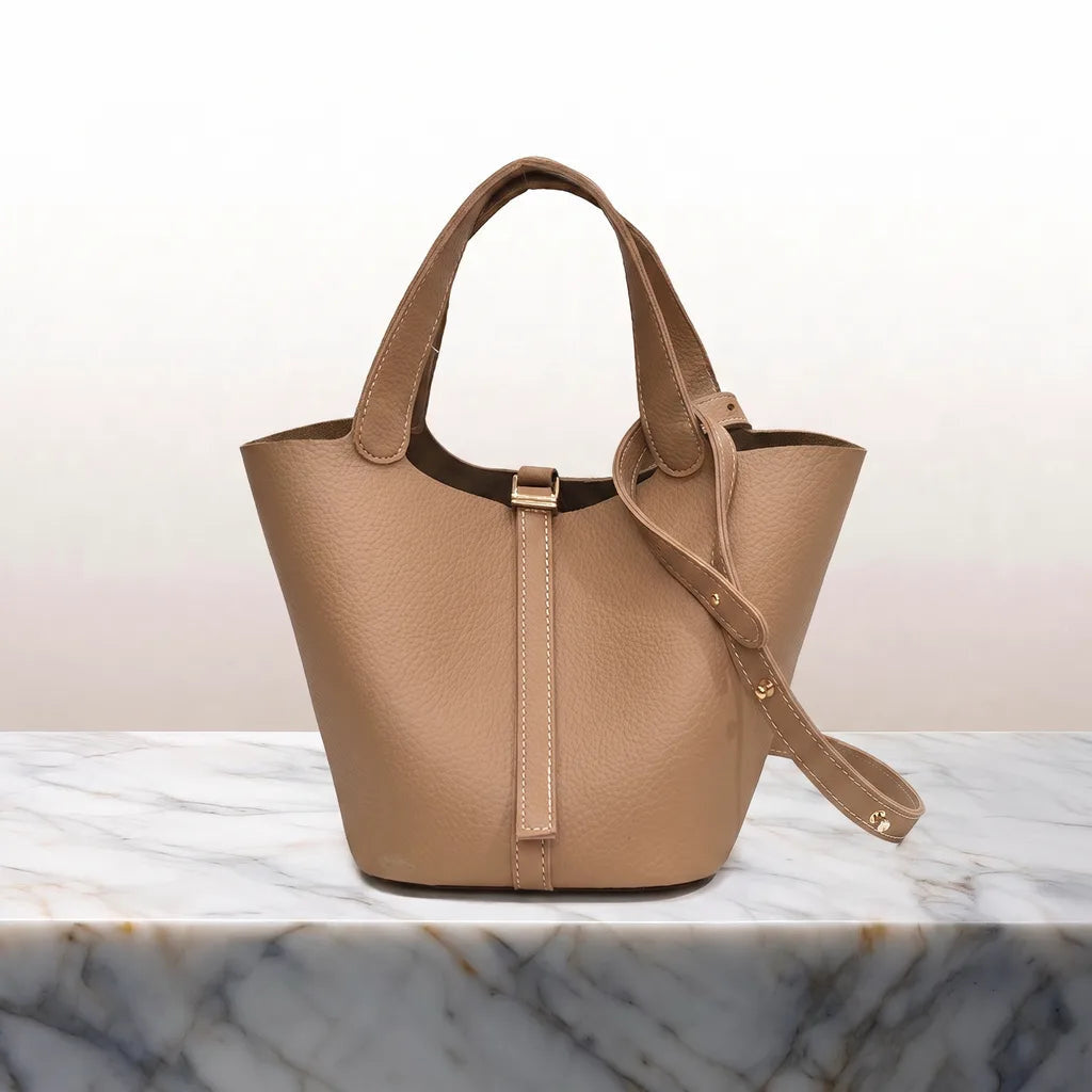 Women's Bucket Bag with Contrast Stitching and Top Handles - Khaki