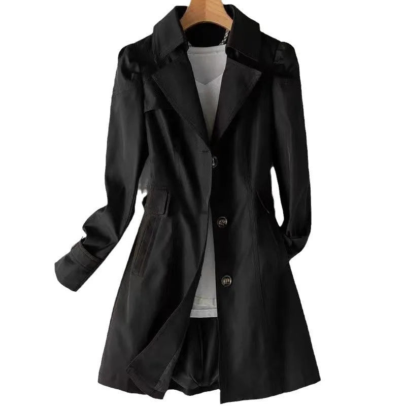 Women's Button Front Coat with Notched Collar and Cuff Tabs - Black